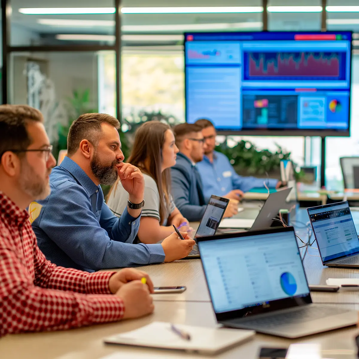 InfinIT technology consultants reviewing IT infrastructure plans with Warren small business owners in a meeting room.
