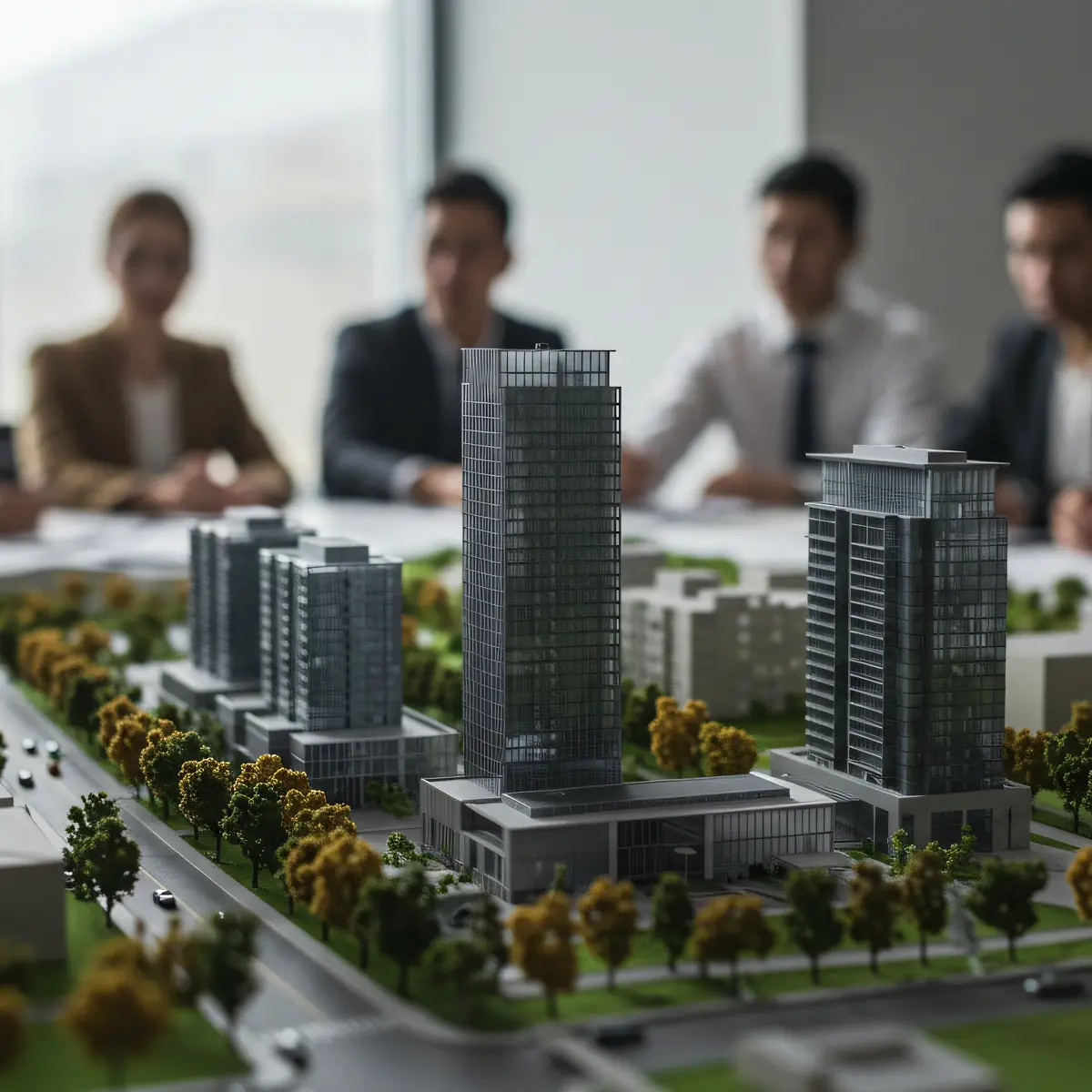 An InfinIT specialist discussing secure project file management with principals at a Northeast Ohio architectural practice, overlooking building models.