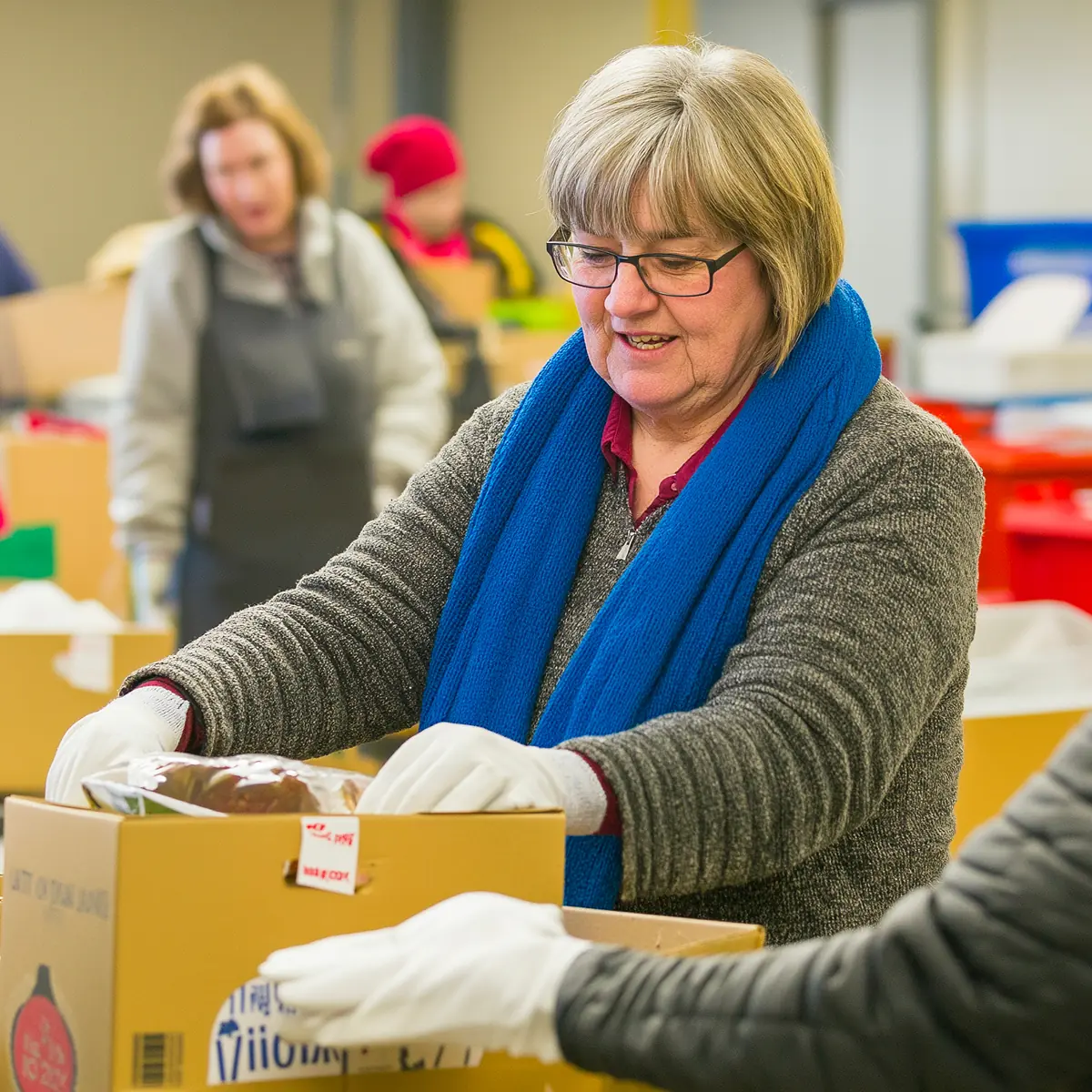 Staff members packing boxes to donate at a Northeast Ohio YMCA event.