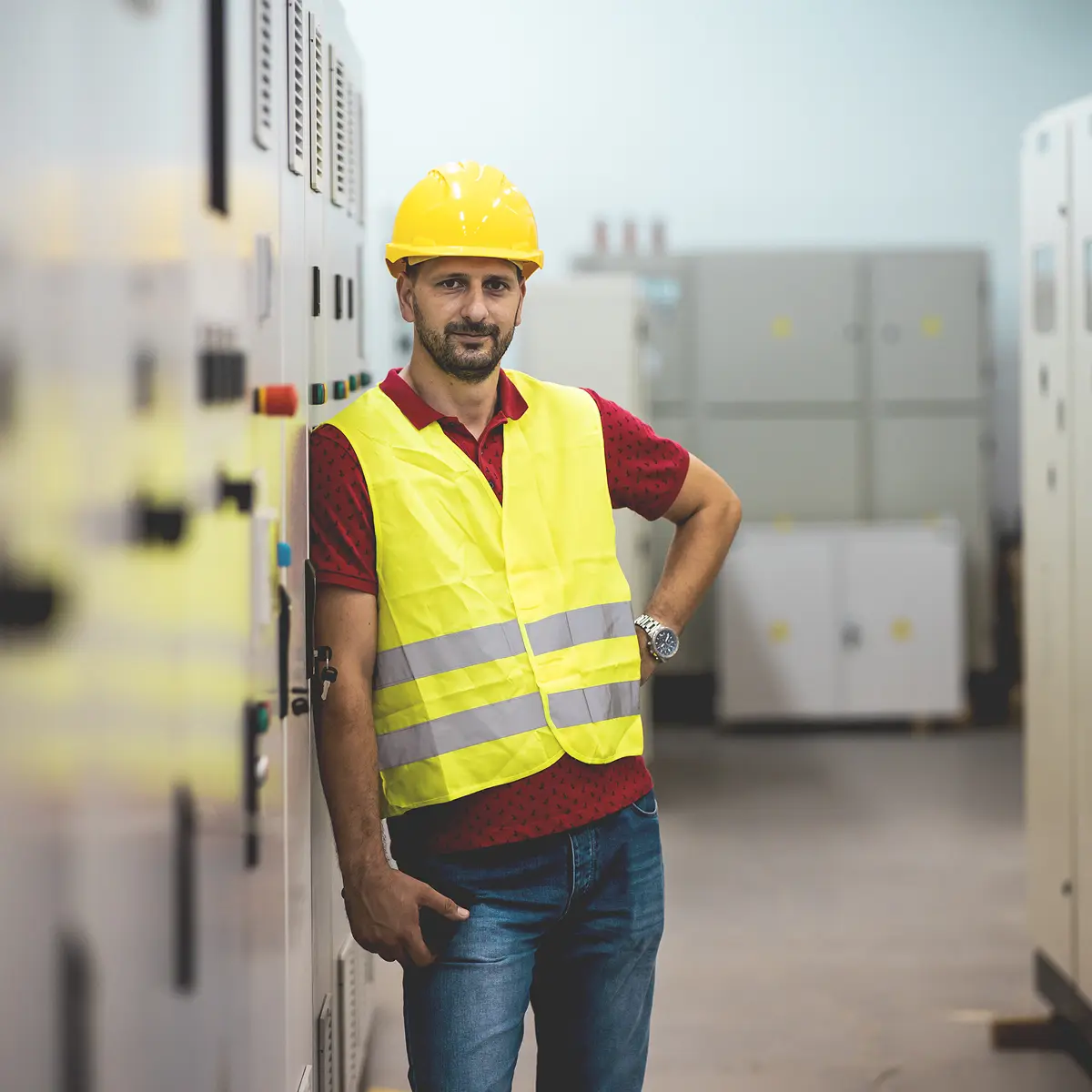 An InfinIT client standing in a yellow safety jacket at a Northeast Ohio electronics manufacturing company.